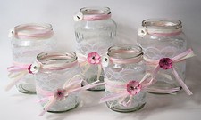 5 Windlichter Vasen Hochzeit Tischdeko Herz Spitze Vintage Taufe Jute TD0071