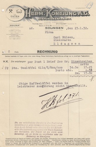 Solingen rechnung 1932 herm - rechnung,
