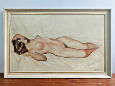 D. Sabatier Liegender weiblicher Akt signiert restauriert Öl auf Holz 44 x 72cm