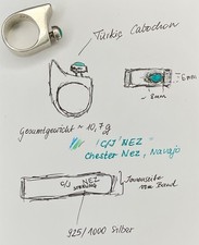 Vintage Navajo Chester Nez C/J NEZ Ring Gr. 52 Sterling Silber Türkis Modernist