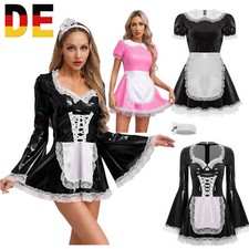 DE Damen Dienstmädchen Kostüm Halloween Kleid Lackleder Maid Outfit Clubwear