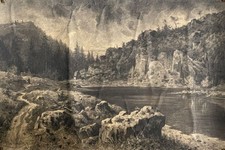Franz Xaver von Riedmüller sign. Kohlezeichnung Flusslandschaft Berg Wald 1893