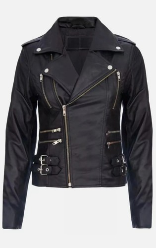 Damen schwarz leder biker - schwarz,