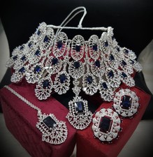 Indisches Bollywood versilbert ethnisch AD CZ Schmuck Ohrringe Halskette Brau...