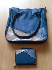 Tasche Henkeltasche Shopper + Geldbörse Portemonnaie petrol Reptil + Glitzer TOP