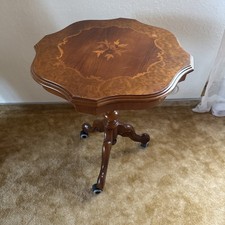 Vintage Beistelltisch 54 cm rund nussbaumfarbig Intarsien Art deko