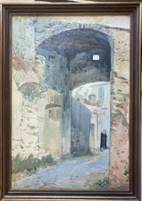 ::AQUARELL  STEINBOGEN TOR EINGANG TORBOGEN MENSCH VEGETATION MITTELALTERLICH