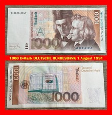 Ⓜ️ 1000 Deutsche Mark ☘️ 1.August 1991 ? DM Schein Bundesbank ? AD9825490L9 ?