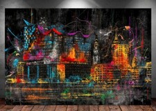 LEINWAND BILDER XXL ABSTRAKT HAMBURG SKYLINE CITY POP ART BUNT WAND POSTER P284