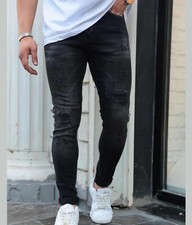 Herren Jeans Hose Skinny Slim Fit Stretch Röhrenjeans Schwarz Zerrissen i8denim