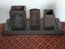 Antik Schreibtischset Butler Stiftbox aus Holz Kerbschnitzerei