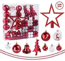 100x Weihnachtskugeln Rot Weiss Kunststoff Christbaumkugeln mit Stern Baumspitze