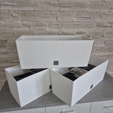 3 x Blumenkübel Pflanzkübel Blumenkasten weiß 60cm + Standfuß Rattan Optik