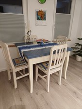 Hülsta Esstisch Aufklappbar und 4 Stühle Blau- Weiß Holztisch