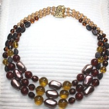 Kette Bernstein/Cabochon/Aurora Brealis, 3 Stränge, braun/gelb/gold fast neu