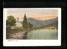 Walchensee, Uferpartie mit Hotel bei Sonnenuntergang, Ansichtskarte 