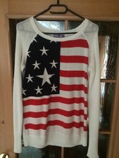 Long-Strickpullover - langarm - "AJC-Fashion" weiß - USA-Flagge für Damen Gr. 36