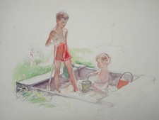 Kinder im Sandkasten - Hans Strohofer Aquarell-Zeichnung Kinder Genre 1945