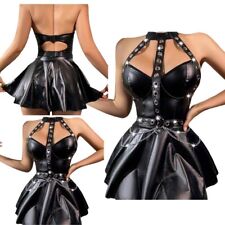 Damen Kleid Mit T-Back Slip A-Linie Outfits Punk Minikleider PU-Leder Anzug Öse