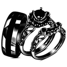 14K schwarz vergoldet sein/ihr runder Lab Created Diamant Trio Ehering Set