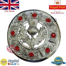 Schottische Distel Wappen Kilt Fliege kariert Brosche rote Steine Chrom Pins Broschen 3"