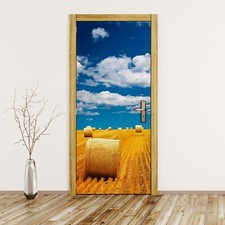 Türtapete Türfolie Türaufkleber Acker mit Heuballen orange Wolken Himmel