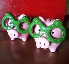 Set 2x Rosa Sparschwein mit grüner  Brille / Spardose aus Keramik ohne Schlüssel