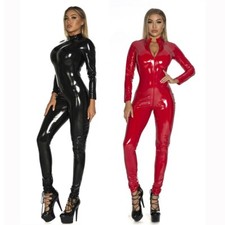 SEXY Damen Catsuit Overall Ganzanzug RV Lack Leder Optik GoGo Glanz Übergrößen