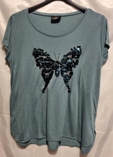 Damen, T-Shirt, Grün, Schmetterling, Glitzer, Pailletten, Größe L (44/46), gebr.