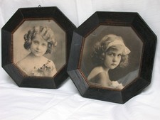2 antike Mädchenportraits im orig. 8 Eck-Holzrahmen um 1900