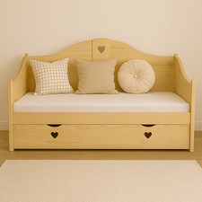 Kinderbett 160x80cm ZOFFI Massiv Holz mit Schublade & Matratze Herz Design natur