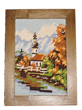 Stickbild gestickt Bild Handarbeit Ansicht Holzrahmen