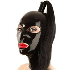 Damen Dessous Latex Kapuze Maske Gesichtsabdeckung mit,Pferdeschwanz Perücke DE