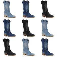 Damen Cowboy Boots Stiefeletten Denim Stiefel Stickereien Schuhe 841346 Mode