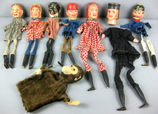 8x alte Handpuppe Theater Puppe Holzkopf Kasperle Teufel Polizist Prinz Konvolut