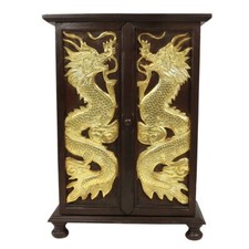 Schrank Wandschrank Holzschrank 90 cm Blattgold Holz Rattan Drachen Braun Gold