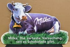 Altes MILKA Emailschild, Die zarteste Versuchung, lila Kuh, gewölbt 59x38 cm
