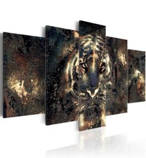 5 Teilig 200x100cm XXL großes Leinwand Wandbild Tiger Animal Print Schwarz Deko