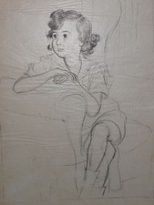 Mädchen auf dem Armsessel - Hans Strohofer Kohle-Zeichnung Kinder Portrait 1945