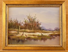 Vintage Ölmalerei Ölgemelde auf Leinwand Fasane am Ufer Landschaftbild signiert