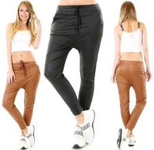 Damen Kunstleder Hose Haremshose Wet Look Leder Baggy Harem Boyfriend XS-XL