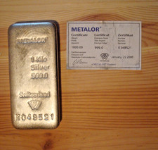 1000g 1kg Silberbarren Metalor Schweiz Feinsilber 999 Wertanlage mit Zertifikat
