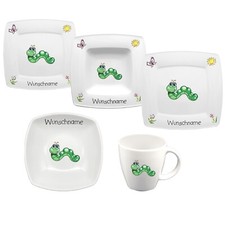 Kindergeschirr Wurm Raupe Porzellan Set - Personalisiert mit Wunschname
