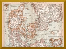 Dänemark und Südschweden +Historische Landkarte von 1895+ Nordschleswig, Seeland