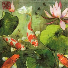 3 Cocktail Servietten ~ Maritim, Koi-Karpfen in einem Teich mit Seerosen ~ 25x25