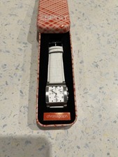 Esprit Uhr Damen Chronograph Silber Weiß Leder Metall Armbanduhr Datum 24h - TOP