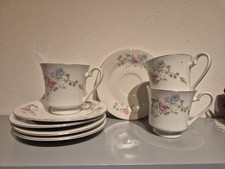 3 Tassen, 5x Untertasse und Silberrand, Hebei Porzellan China, Vintage, Nachlass