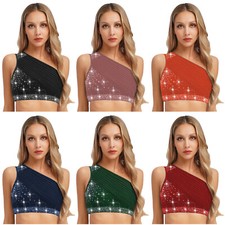 DE Freebily Damen Eine Schulter Strass Crop Top Lyrischer Tanz Kostüm Dancewear