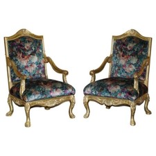 PAAR ANTIKE ORIGINAL VERGOLDETE FRANZÖSISCHE LOUIS XV FAUTEUILS SESSEL MIT HOLZRAHMEN
