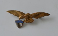 Alter US Adler Anstecker mit Emaille Schild, 1940er Jahre, Messing Vintage